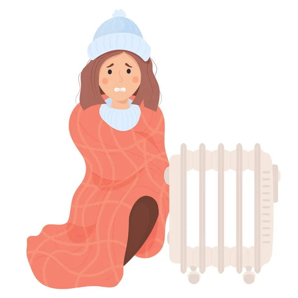 毛布に包まれた女性はラジエーターの近くで凍えている 漫画フラットベクトルイラスト 概念シーズン寒さ 低温と部屋の熱加熱の苦しみ — ストックベクタ
