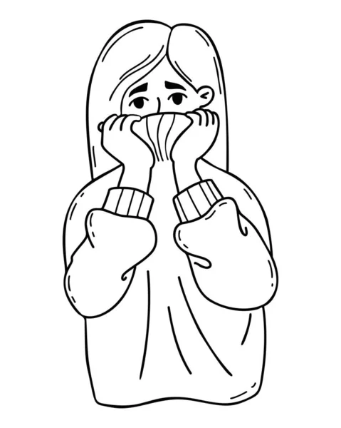 穿着保暖毛衣浑身哆嗦的女人冻僵了 矢量直线手绘 概念性疾病 寒冷和低温痛苦 — 图库矢量图片