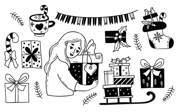 Collection Femme Heureuse Avec Des Cadeaux Traîneau Bottes Noël Tasse — Image vectorielle