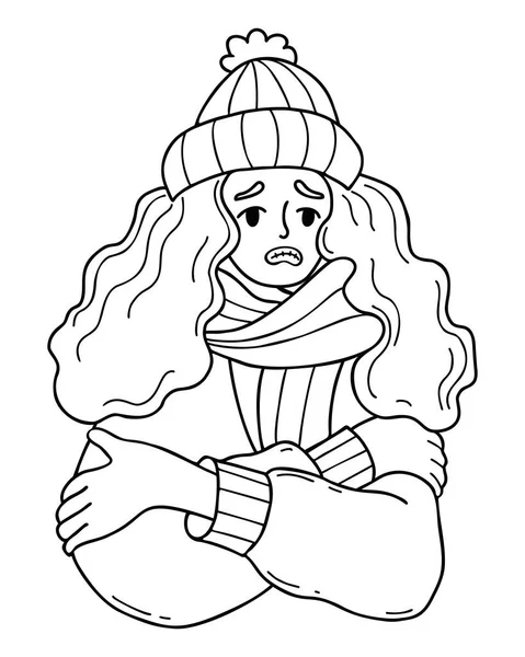 ニット帽とスカーフを身に着けていると震えで不幸な女の子 概要ベクターイラスト 手描きのドア 冬の季節と気温がマイナス — ストックベクタ