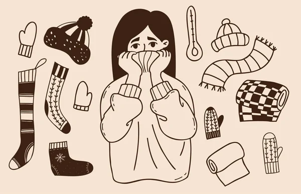 冬季涂鸦系列 穿着保暖毛衣浑身哆嗦的女人冻僵了 紧邻针织袜子和长袜 格子花和手套 矢量隔离线性手绘 — 图库矢量图片