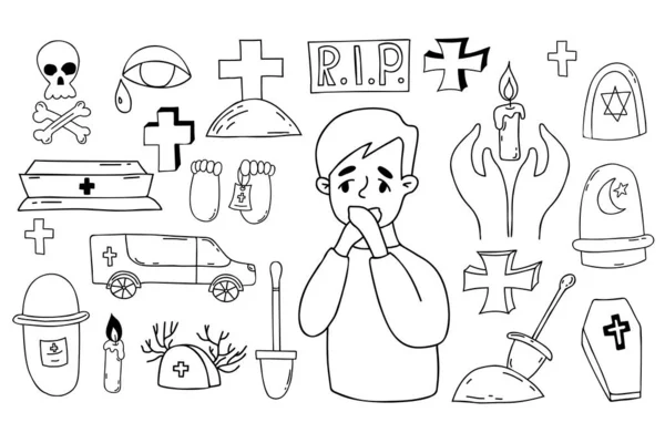 Collection Death Doodles Heartbroken Boy Funeral Symbols Grave Cross Cemetery — Stock Vector