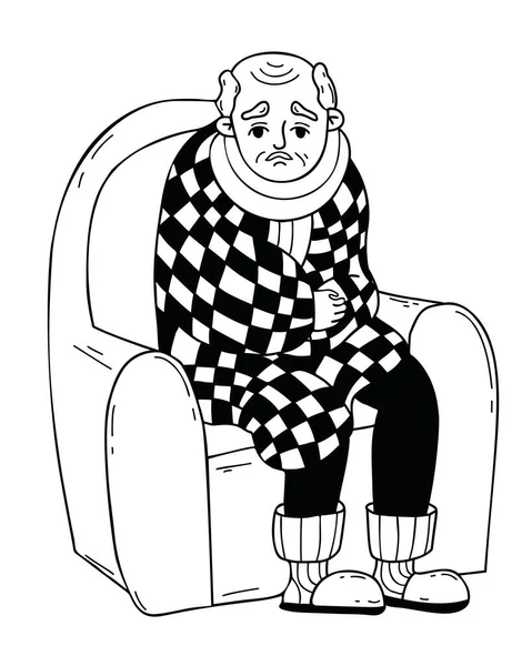 冷酷的 有病的养老金领取者 一个裹着毯子的老人 坐在扶手椅上 矢量插图的涂鸦风格 老年男性性格的寒冷季节 感冒与治疗的概念 — 图库矢量图片