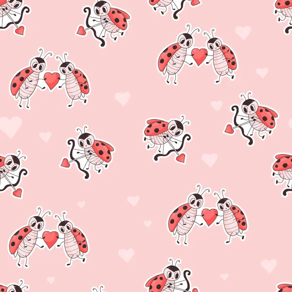 Seamless pattern with cute ladybugs. Cupid insect with an arrow and couple in love with heart on pink background. Vector illustration. romantic endless valentine background