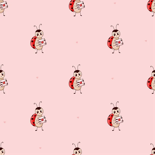 Seamless pattern with ladybug with love letter on pink background. Vector illustration. Endless background for kids collection, valentines day, decor, design, packaging, wallpaper