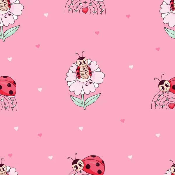 Seamless pattern with ladybug on flower and on rainbow on pink background with hearts. Vector illustration. Endless background for kids collection, valentines day, decor, design, packaging, wallpaper