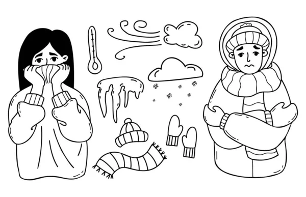 冬の冷凍人 女と男は身を包み震えながら 冬のアイテムのつらら 雪とニットのものと冬の雲を収集します ベクトル線画 — ストックベクタ