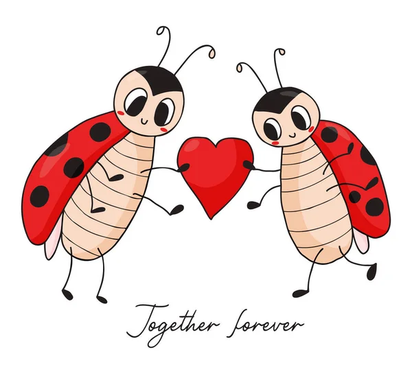 Valentine Card Cute Ladybugs Loving Couple Funny Insects Ladybird Heart — Stock Vector