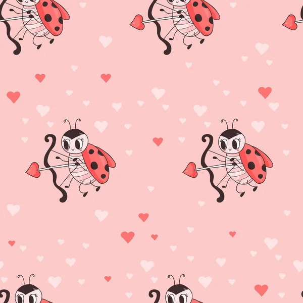 Seamless pattern with cute ladybug. Cupid insect ladybird with an arrow on pink background. Vector illustration. romantic endless background valentine