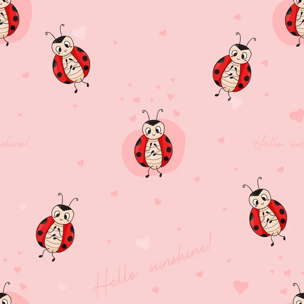 Seamless pattern with love ladybug and text hello sunshine on pink background with hearts. Vector illustration. Endless background for valentines day, decor, design, packaging, wallpaper