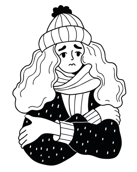 不幸な女性の寒さを着て震えます ベクトルイラスト 手描きのドアスタイル 冬の季節と気温がマイナス — ストックベクタ