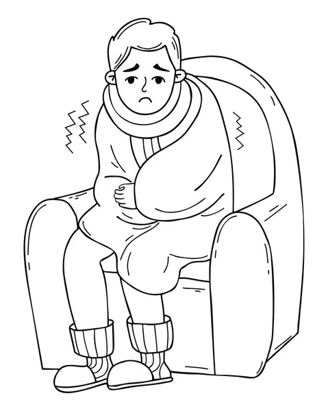 冻僵了的病人裹着毯子坐在椅子上发抖矢量轮廓图以涂鸦风格显示 寒冷季节 感冒和治疗的男性性格概念 — 图库矢量图片