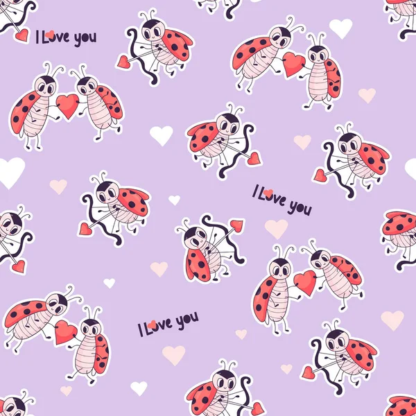 Seamless pattern with cute ladybugs. Cupid with an arrow and couple of little insects in love on purple background. Vector illustration in doodle style. Endless background for valentines, wrapping