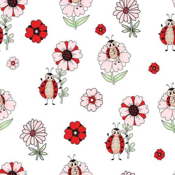 Seamless pattern with cute ladybug. Funny insects with flowers on white background. Vector illustration. Endless background for wallpaper, packaging, print, design
