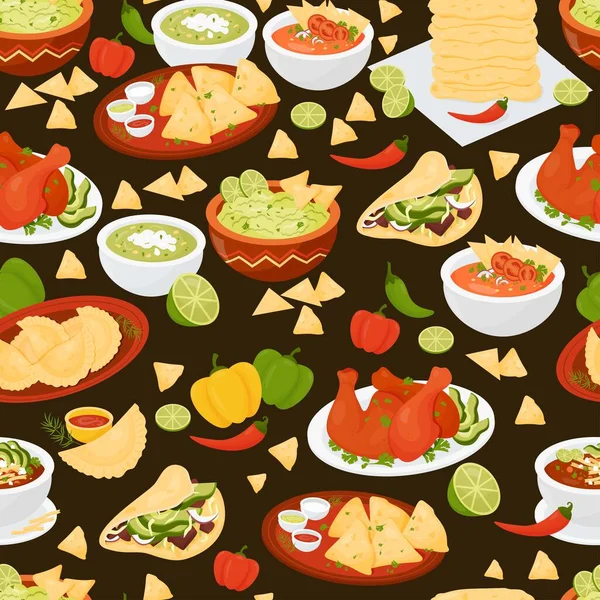 Seamless Pattern Mexican Traditional Food Black Background Vector Illustration Endless — Vector de stock