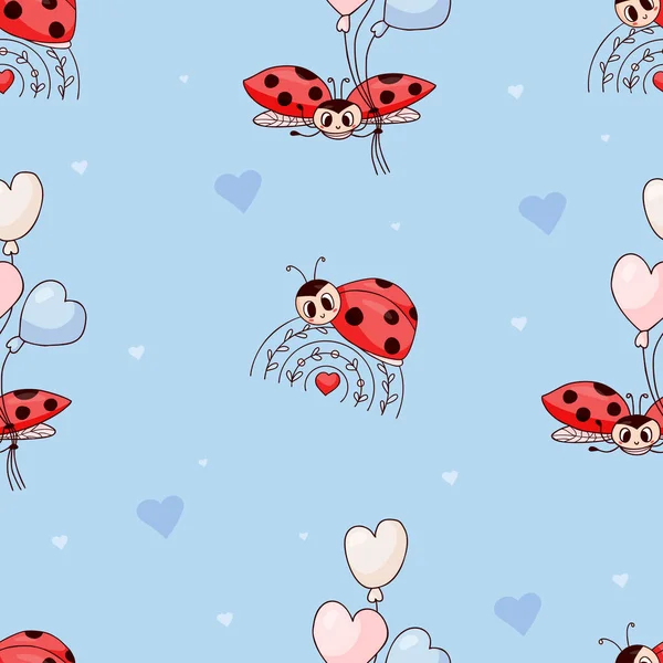 Seamless pattern with cute ladybug on rainbow and with balloons on light blue background. Vector illustration. Endless background for kids collection, decor, design, packaging, wallpaper