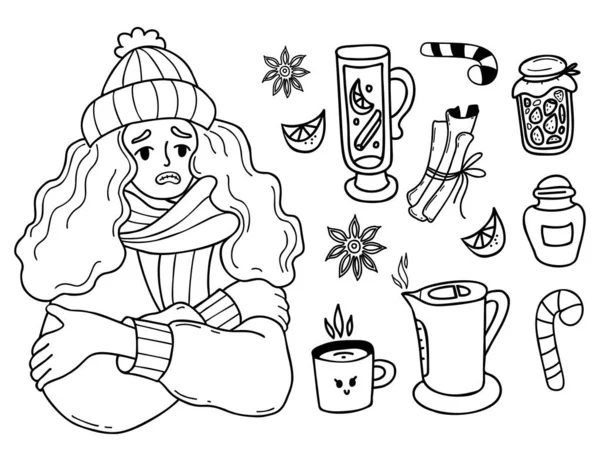冬のコレクション 不幸な女の子の寒さを着て震えます 近くにはホットワイン 沸騰したお湯のケトル カップ シナモンとジャム レモンの作品です ベクトル絶縁外形が描画されます Doodles — ストックベクタ