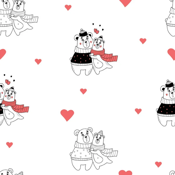 Love seamless pattern. Cute romantic hugging bears on white background with hearts. Vector illustration in doodle style. Endless background for valentines, wallpapers, packaging, print