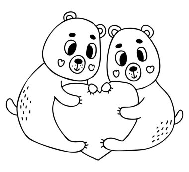 Kocaman yürekli bir çift aşk ayısı. Karalama tarzında vektör illüstrasyonu. Tasarım, dekor, sevgililer günü kartları, baskı için taslak çizimi