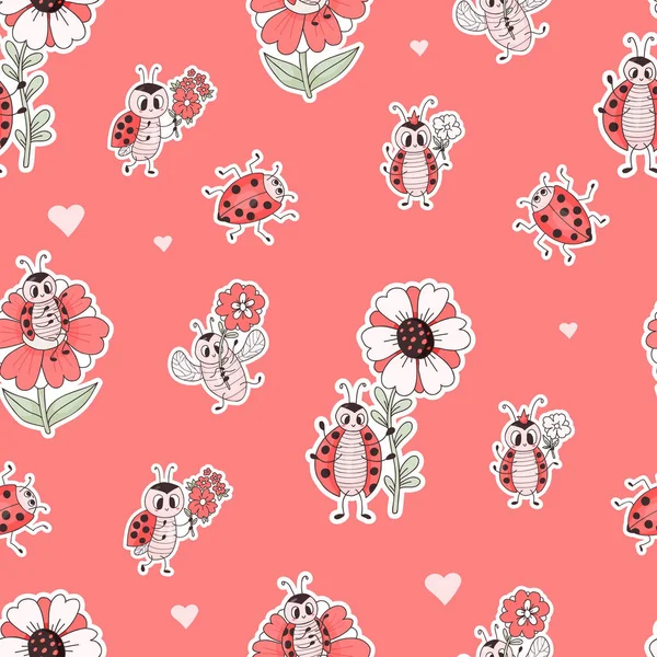 Seamless pattern with ladybug character. Funny insects ladybird with flowers on pink background. Vector illustration. Endless background for wallpaper, packaging, print, design