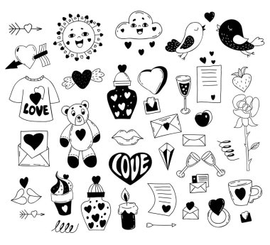 Romantik ve aşk sembolleri koleksiyonu. Gülümseyen güneş ve bulut, oyuncak ayıcık, bir çift aşk kuşu kalbi, gülü, yüzüğü ve aşk mektubu. İzole vektör doğrusal el çizimi karalama