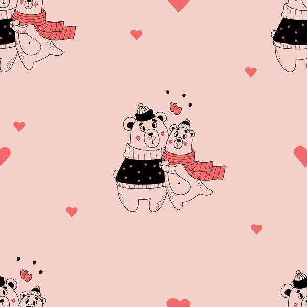 Cute seamless pattern. Romantic enamored hugging bears on pink background with hearts. Vector illustration in doodle style. Endless background for valentines, wallpapers, packaging, print