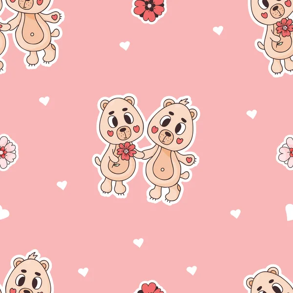 Romantic seamless pattern. Cute enamored bears on pink background with hearts. Vector illustration in doodle style. Endless background for valentines, wallpapers, packaging, print