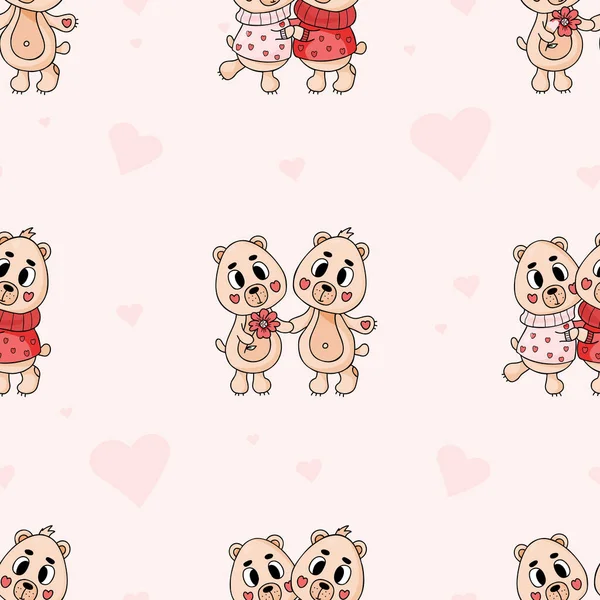 Seamless pattern with cute animals. Enamored bears on pink background with hearts. Vector illustration. Romantic endless background for valentines, wallpapers, packaging, print, design