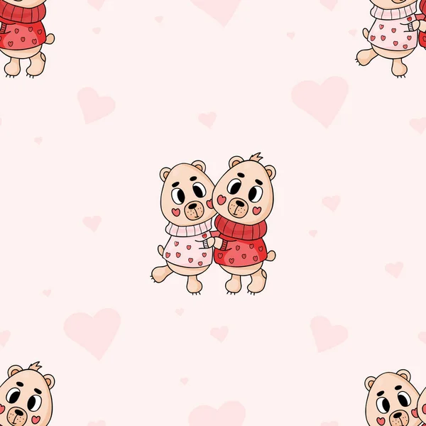 Cute seamless pattern with enamored teddy bears in sweaters with hearts on pink background. Vector illustration. Romantic endless background