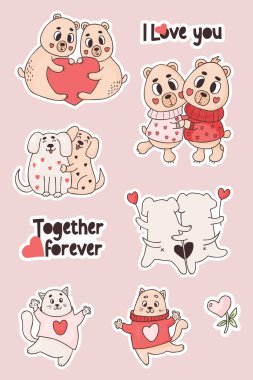 Koleksiyon çıkartmaları hayvanları sever. Romantik sloganı olan sevimli ayılar, köpekler ve kediler. Vektör tasarım, dekor, baskı, tebrik kartları, sevgililer günü kartları için komik hayvanları izole etti