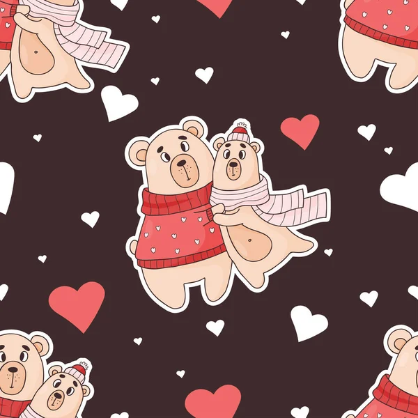 Seamless pattern with enamored bears on black background with hearts. Vector illustration. Endless background for valentines, wallpapers, packaging, print