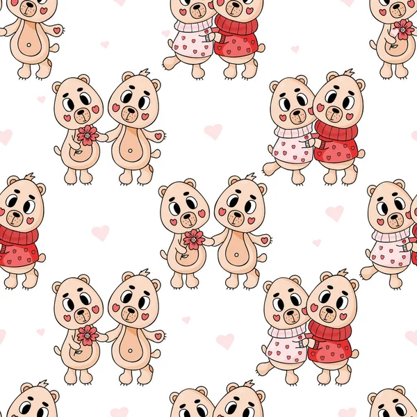 Seamless pattern with cute teddy bears on white background with hearts. Vector illustration. Romantic endless background for valentines, wallpapers, packaging, print