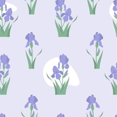 Floral seamless pattern. Flower iris with buds and leaves on light purple background. Vector illustration. Botanical pattern for decor, design, packaging, wallpapers, textiles and decoration