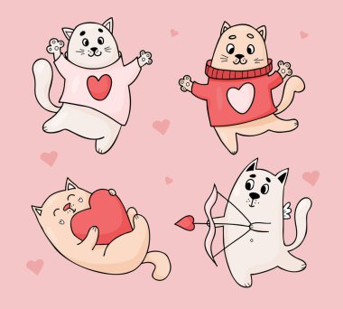 Collection cats in love. Cute cupid kitten with arrow and happy pets with heart. Vector illustration. isolated romantic animals for design, decor, printing, cards, valentines