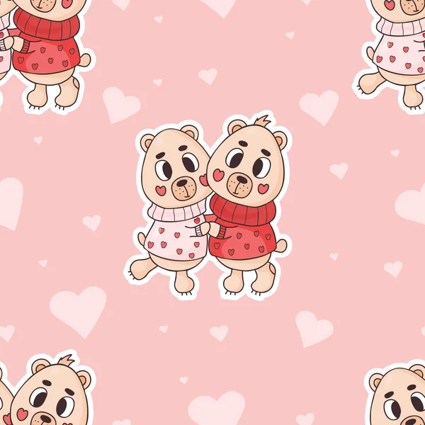 Seamless pattern with cute bears on pink background with hearts. Vector illustration. Endless background for valentines, wallpapers, packaging, print