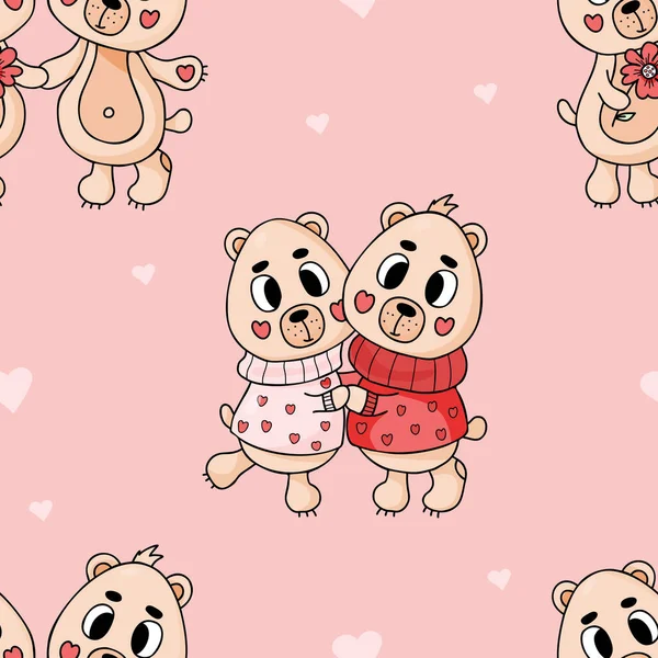 Romantic seamless pattern with cute enamored teddy bears on pink background. Vector illustration. Endless background for valentines, wallpapers, packaging, print