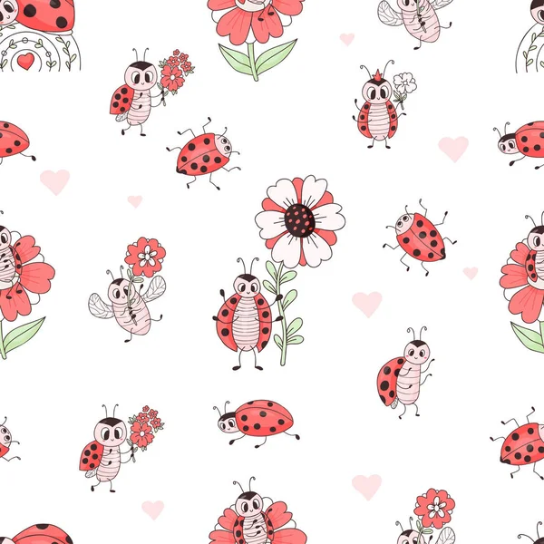 Seamless pattern with cute ladybug. Characters insects ladybird with flowers on white background with hearts. Vector illustration. Endless romantic background for wallpaper, packaging, print, design