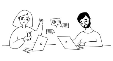 Girl and man work at laptop and correspond, online messages. Vector illustration. Linear hand drawing doodle
