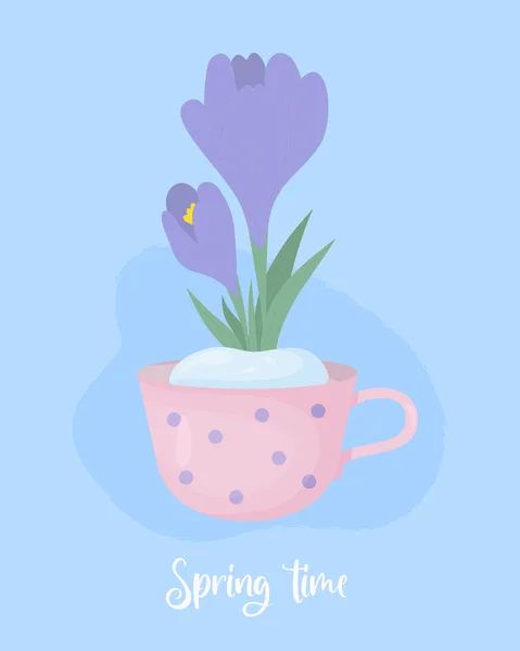 Spring Poster Crocus Flower First Blooming Purple Saffron Snow Cup — Stockový vektor