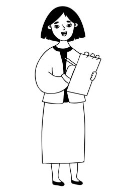 cute woman with notepad and pen. Vector illustration. Linear hand drawn doodle. Modern business woman character