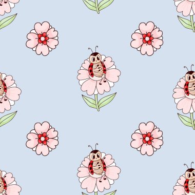 Seamless pattern with cute ladybug on flower on light blue background. Vector illustration. Endless background for childrens collection, decor, design, textiles, packaging, wallpaper