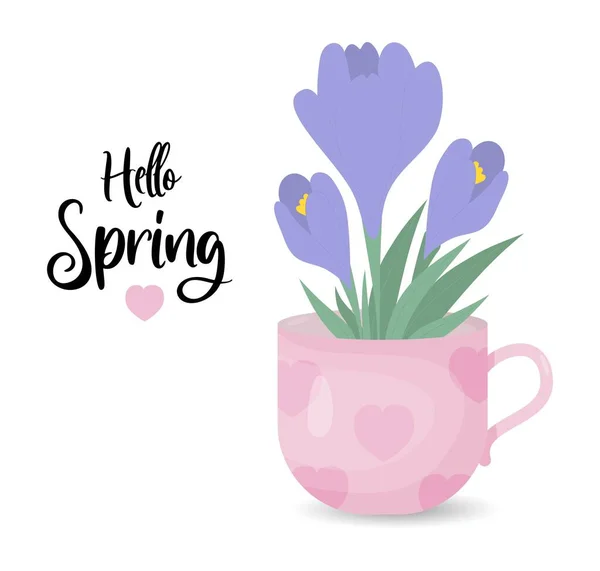 Spring Bouquet Crocus Flower Purple Saffron Cup Hello Spring Vector — Vector de stock