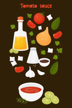 Tomato sauce. Recipe with filling ingredients. Vector illustration. Vertical poster on black background in cartoon style