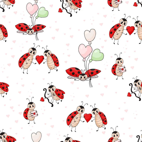 Seamless pattern with cute ladybugs. Couple insects with heart, cupid with an arrow, with balloons and letter on white background. Vector illustration. Endless background for valentines, wrapping