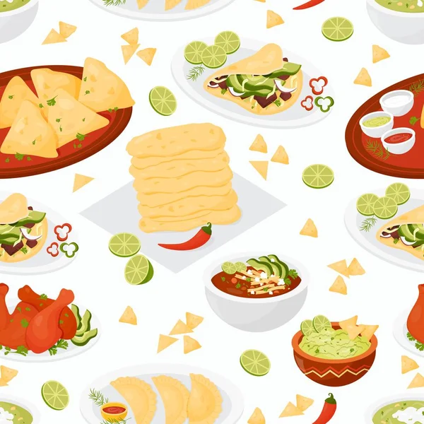 Απρόσκοπτη Μοτίβο Μεξικάνικο Φαγητό Taco Quesadilla Guacamole Empanadas Σούπα Ντομάτας — Διανυσματικό Αρχείο
