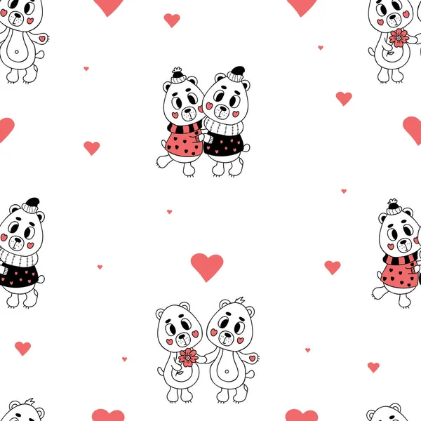 Love seamless pattern. Cute romantic bears on white background with hearts. Vector illustration in doodle style. Endless background for valentines, wallpapers, packaging, print