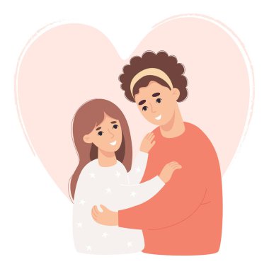 Two enamored lesbian girl hugging. Joyful romantic lgbt couple against backdrop of big heart. vector flat illustration. Happy homosexual women smiling