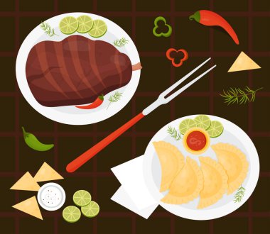 latin american food. Fried pork leg grilled meat and Mexican Empanadas in plate with sauce, fork, chili peppers and lime slices on dark brown background. Vector illustration mexican dishes for design