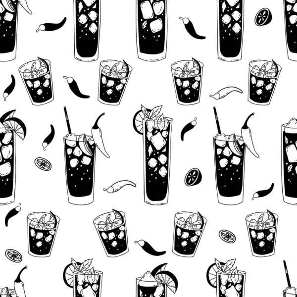 Seamless pattern with glasses of Mexican cocktails. Drinkables Vampiro, Cherry limeade margarita and Charro Negro on white background with chili peppers. Vector endless background in doodle style.