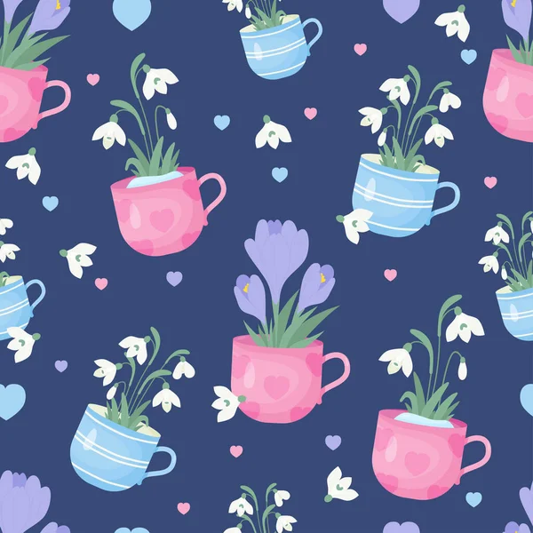 Spring seamless pattern. Bouquet of snowdrop flowers and purple crocuses in cup on blue background. Vector illustration. Botanical pattern for decor, design, packaging, wallpaper, textile